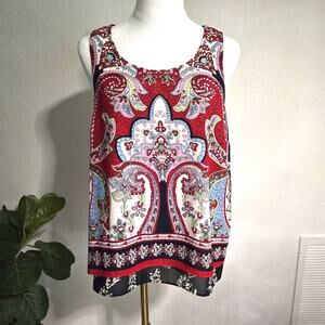 Bila Paisley Print Sleeveless double layer Tank M Red Blue Boho Lightweight